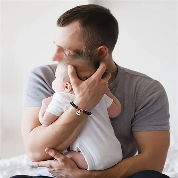Black Onyx & Tigers Eye Stone Dad Beaded Stretch Bracelet Baby Footprint Charm - Picture 5 of 7